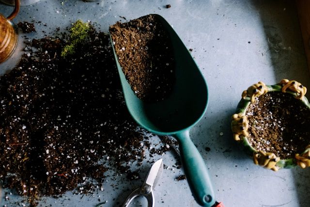 A photo taken from above showing a garden trowel with some soil in it and some soil on the work bench.
