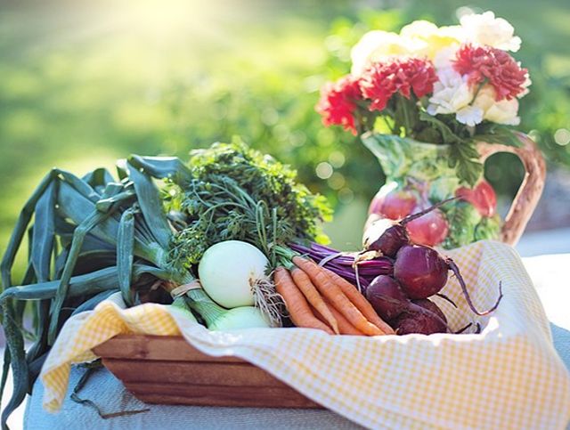 A small mix of root vegatable displayed ona yellow and white cloth.